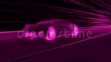 一辆现代跑车通过一条抽象的紫外线隧道快速行驶。 紫外线动画